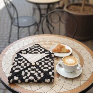 Black And Flecked Cream Crochet Granny Square Lined Laptop Case Button Close